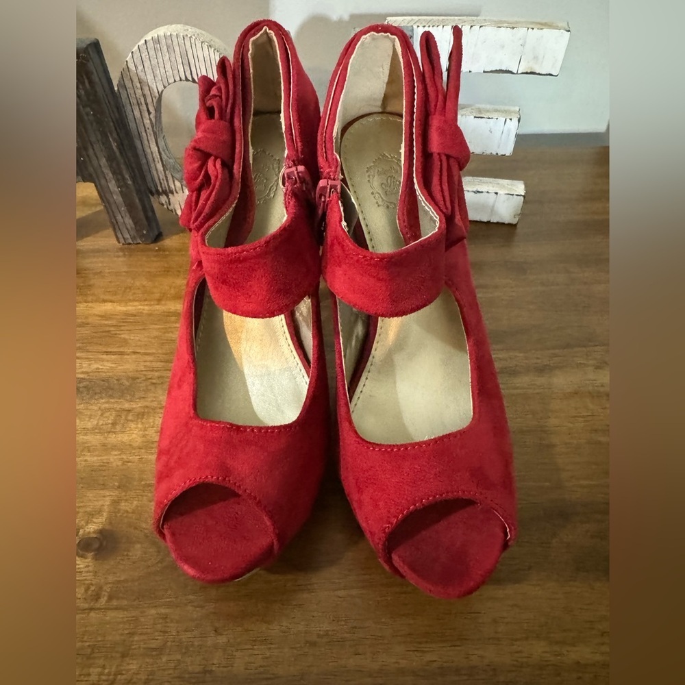 Red Open Toe Platform High Heel Pumps Size 7 - Picture 2 of 8